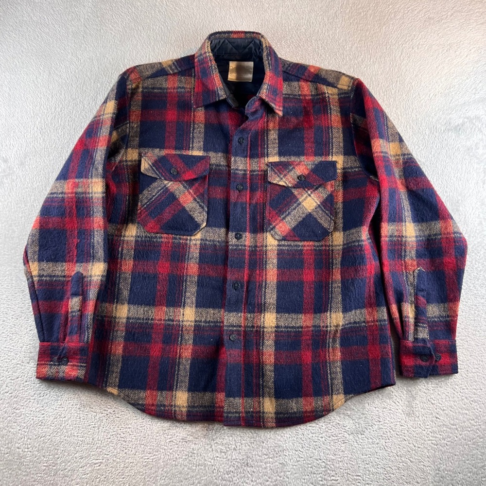 VTG Michael Richards Plaid Flannel Shirt Mens L Navy Red Wool Blend Heavy Camp